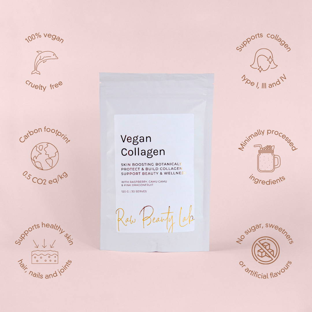 Vegan collagen supplement with 9 different superfoods that can help you naturally build collagen 