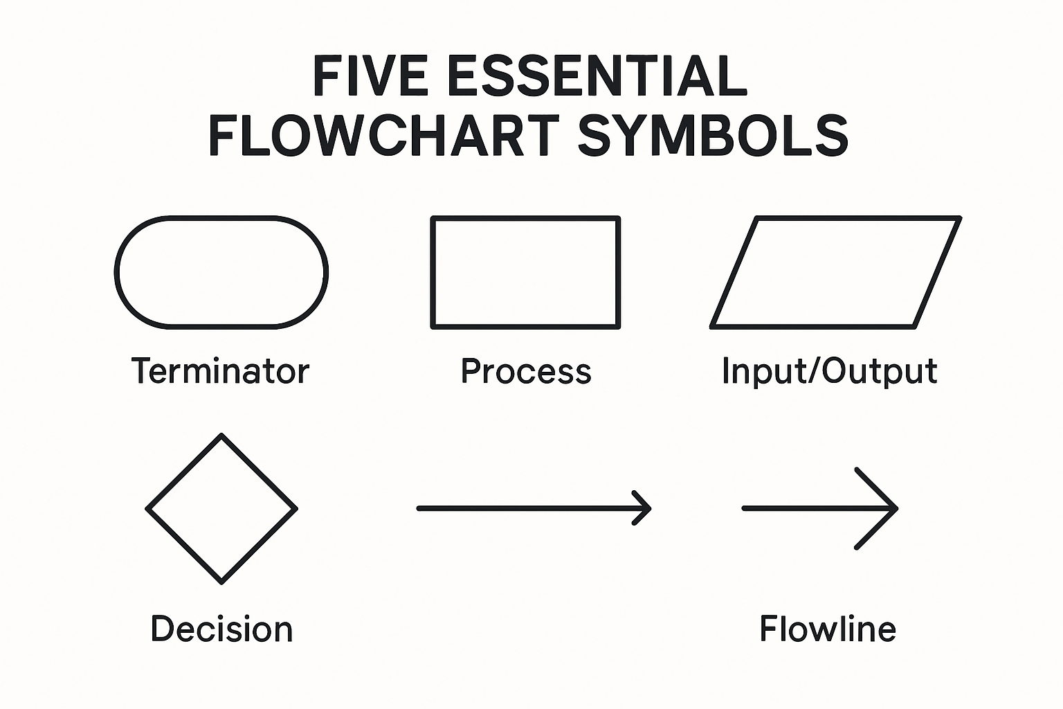 The five essential flowchart symbols: Terminator, Process, Input-Output, Decision, and Flowline. Part of the guide to flowcharts and code tracing.