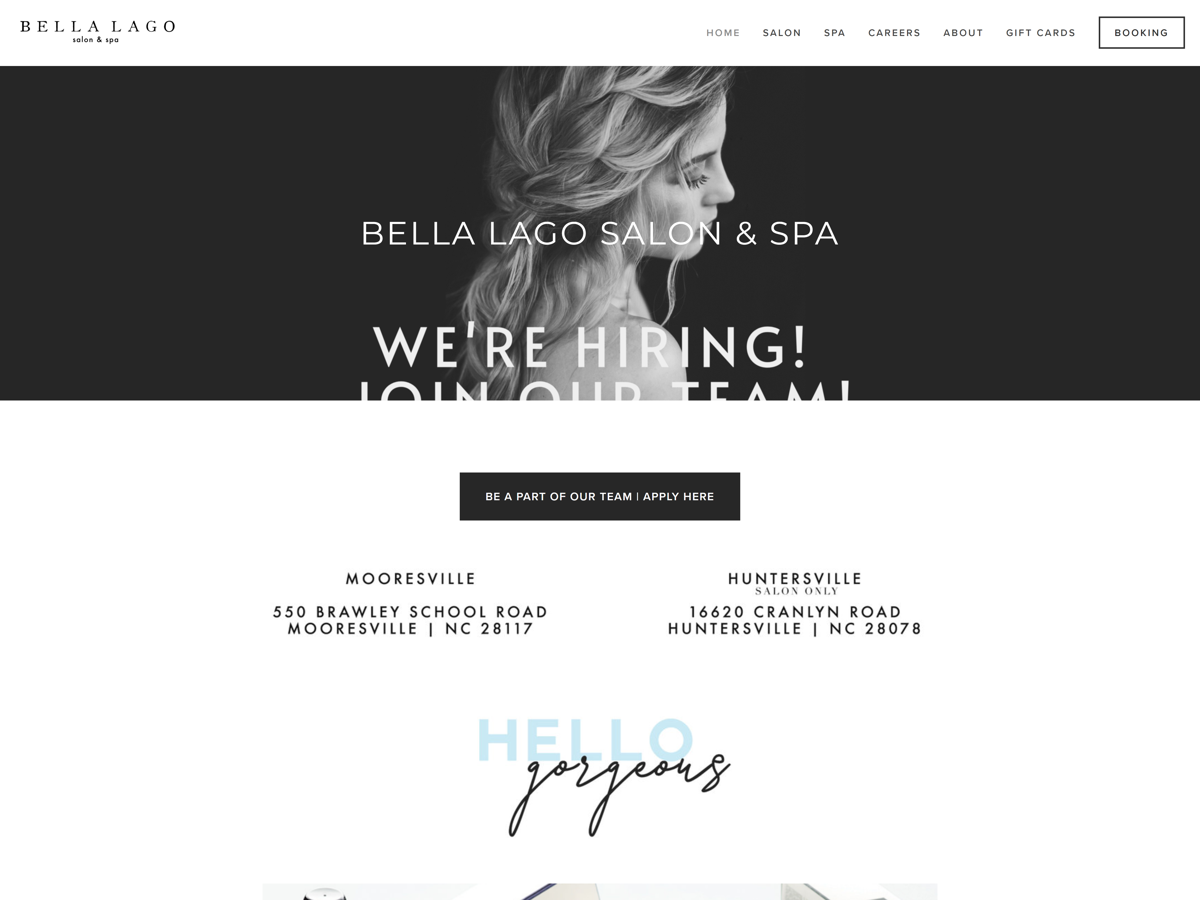 Screenshot of Bella Lago Salon & Spa, from the salon websites collection.