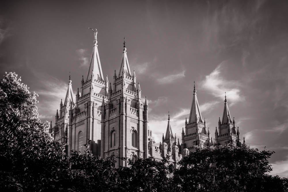 Black and white photo of Salt Lake City Temple.