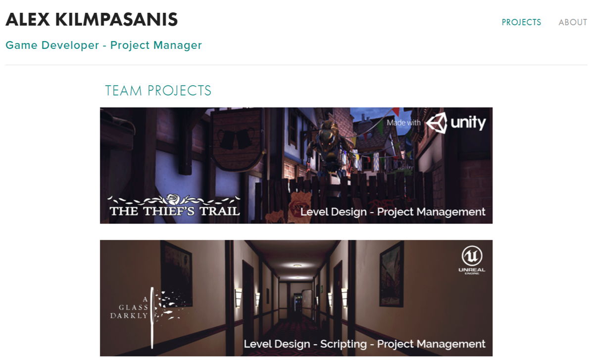 Screenshot of Alex Kilmpasanis, from the game developer portfolios collection.