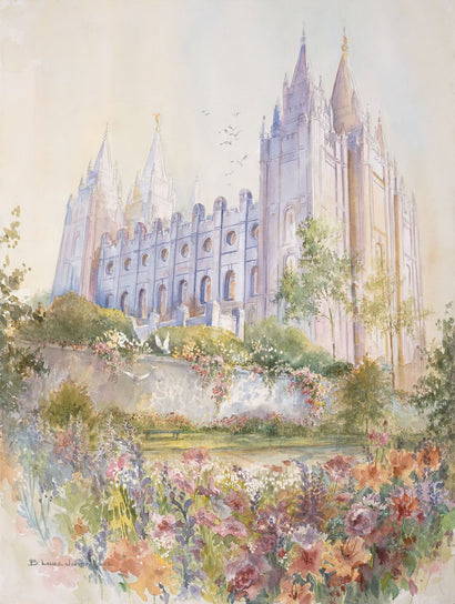Detailed painting of colorful flowerbeds surrounding the Salt Lake Temple rising up into the sky. Birds fly around the steeples.