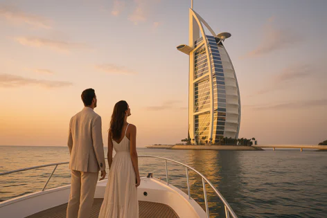 A couple stands on the deck of a luxury yacht, gazing at the iconic Burj Al Arab hotel towering over the sea during a beautiful sunset in Dubai.