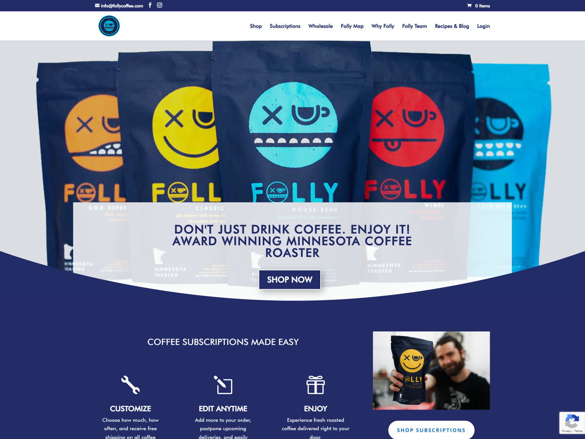 Screenshot of Folly Coffee, from the godaddy websites collection.