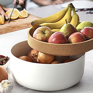Kamenstein 2 Compartment Large Bowl Extends Produce Freshness, 11 x 11 x 6 Inch, Natural Cork and White Ceramic