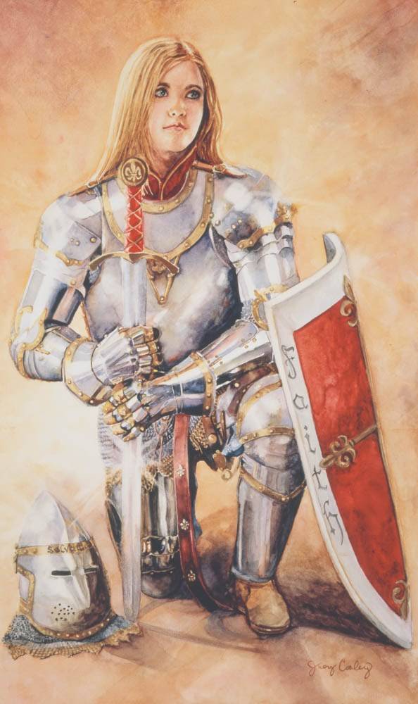 LDS art painting of a young woman wearing armor, representing the armor of God. 