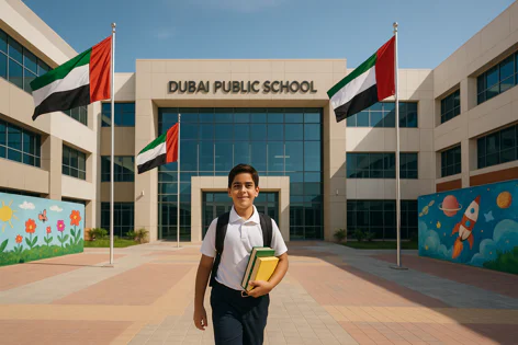 Smiling young boy wearing a backpack and holding books stands before the entrance of Dubai Public School, flanked by UAE flags and colorful murals.