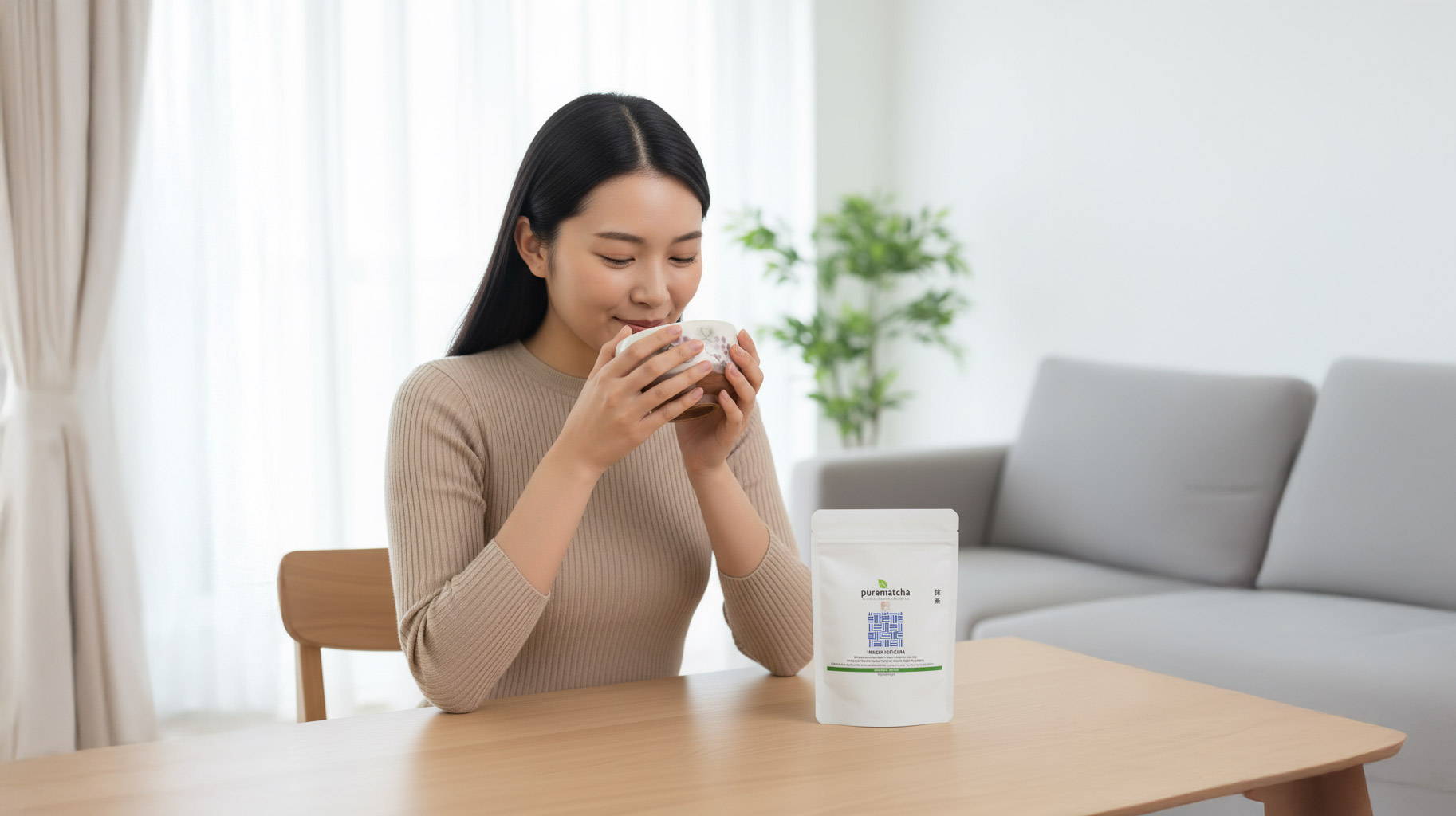 Image of a woman enjoying a bowl of fresh matcha tea.