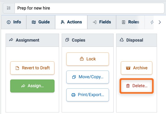 Delete button in the Disposal panel of the Procedure Actions tab