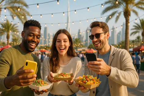 Smiling friends laughing while holding food and looking at phones at an outdoor market with string lights, palm trees, and a city skyline.