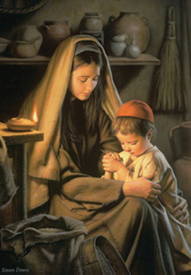 Young Jesus kneeling in prayer with his mother Mary. 
