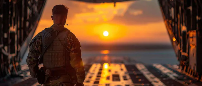 Determined Aeromedical Technician prepping for a life-saving mission at dawn.