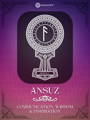 Ansuz Rune Meaning with design by Occultify. Rune of protection, safety and defense. Purple and pink background with lightly overlayed runes and ornate border.