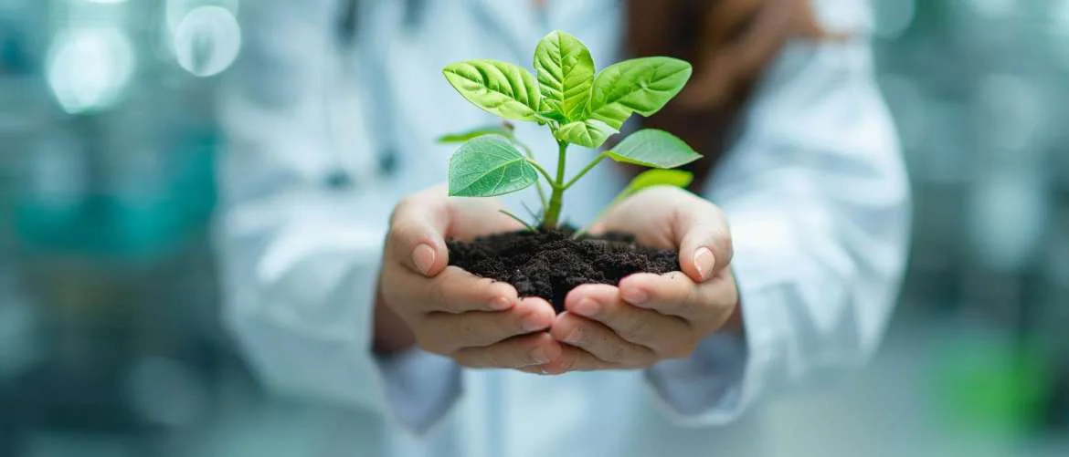 Healthcare professional holding a plant with a hospital in the background