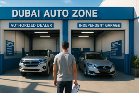 A man views the Dubai Auto Zone building featuring an authorized dealer and independent garage bays, each with a silver car inside.