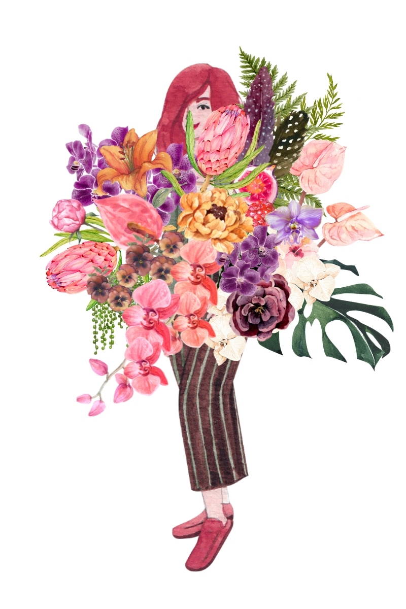 A watercolor graphic of a women holding a huge bouquet of flowers