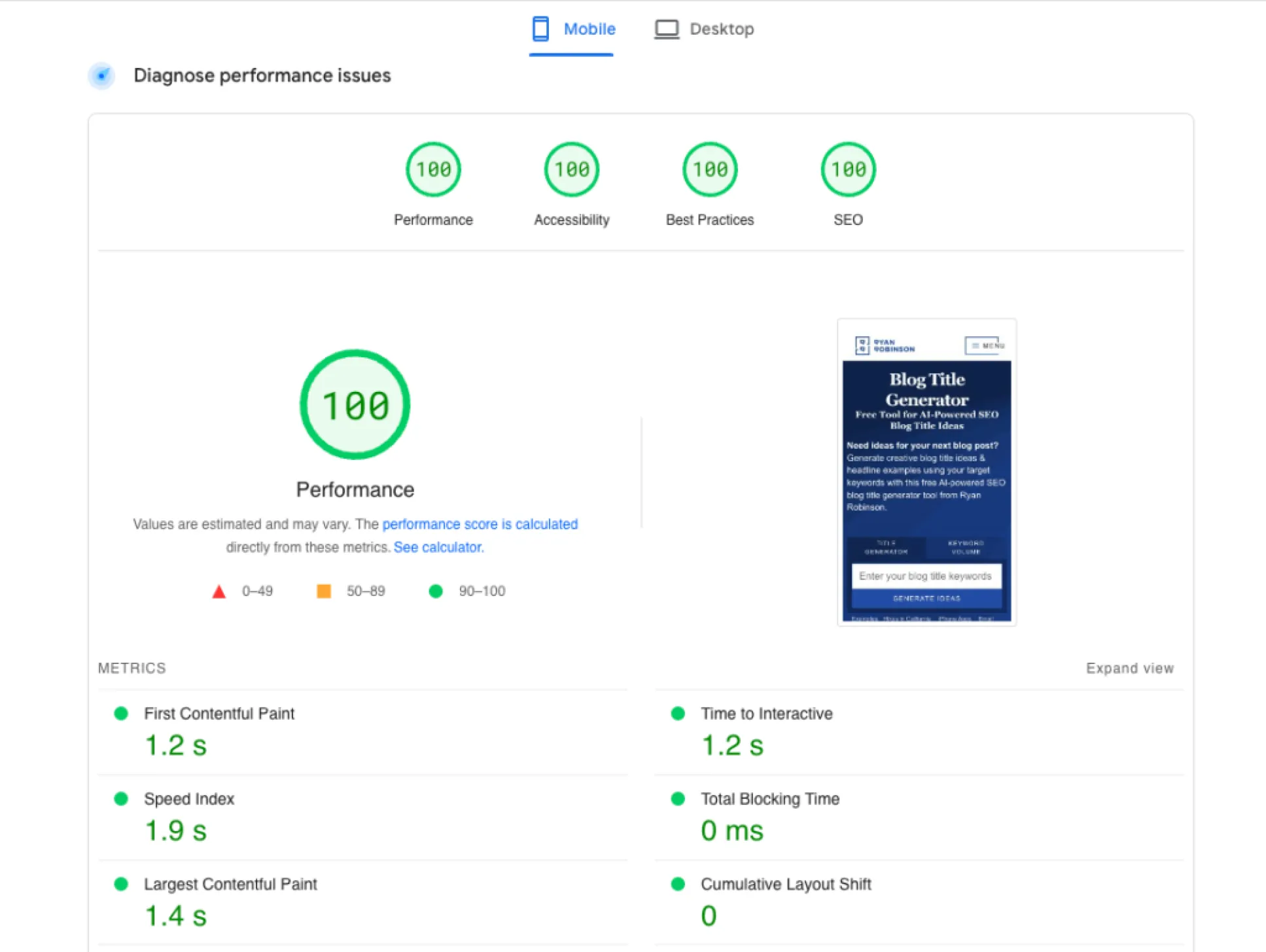 The website's score in Google Pagespeed insights