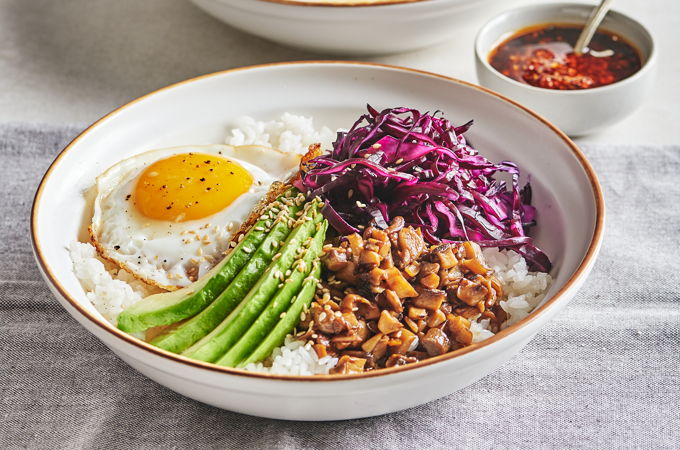 Rice Bowls with Mushrooms, Avocados and Fried Eggs