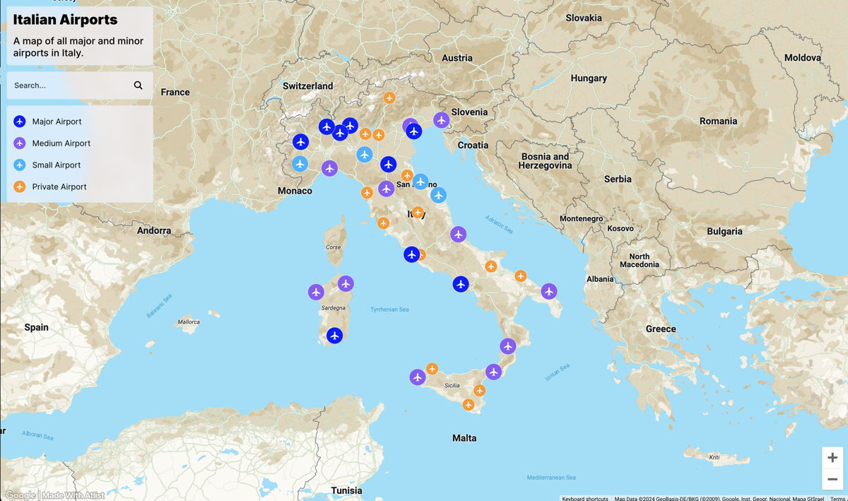 Screenshot of Italian Airports, from the google maps api examples collection.