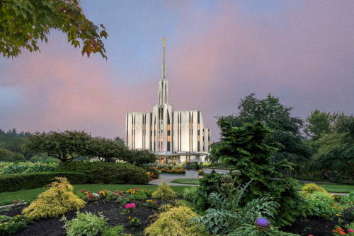 Seattle Temple picture featuring the lush grounds. 
