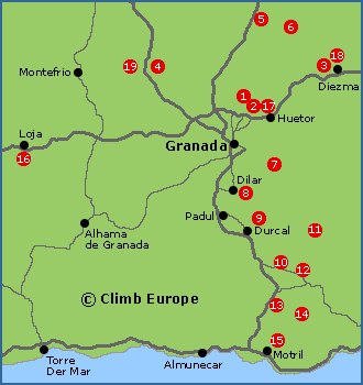 Map of the Rock Climbing areas around Granada