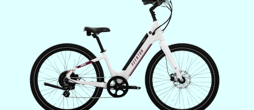 a white Aventon Pace 500.3 electric city bike