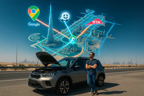 Man stands by broken-down car with hood open on a desert road, with a digital map of Dubai and navigation icons overlaid.