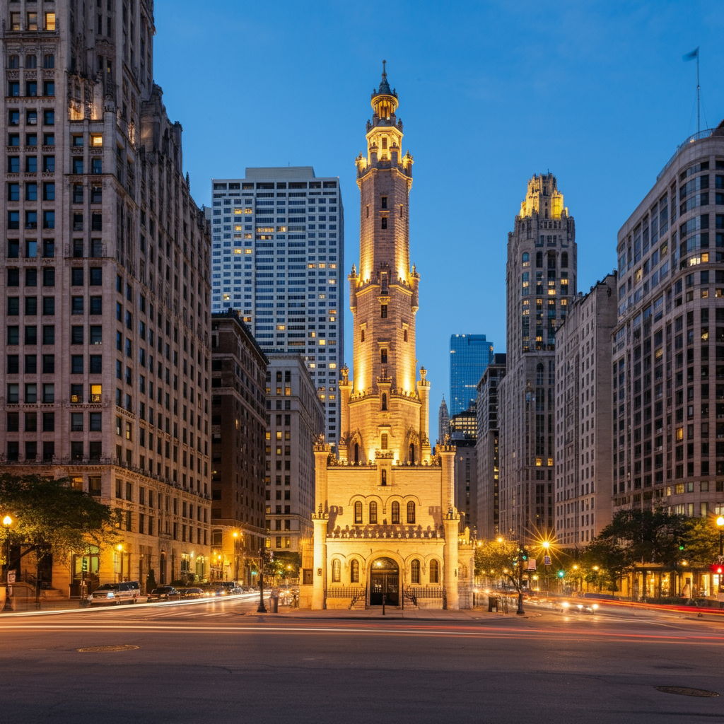 The historic Water Tower and surrounding Gold Coast neighborhood at twilight, showcasing the area's distinctive architecture and tree-lined streets. The scene captures the neighborhood's prestigious character and walkable urban environment that appeals to luxury buyers seeking both convenience and charm.