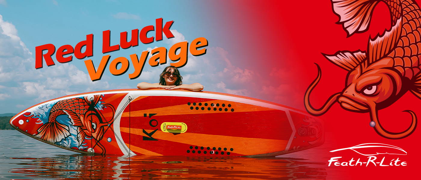 Koi inflatable paddle board provided by Feath-R-Lite paddle board with red luck voyage bless