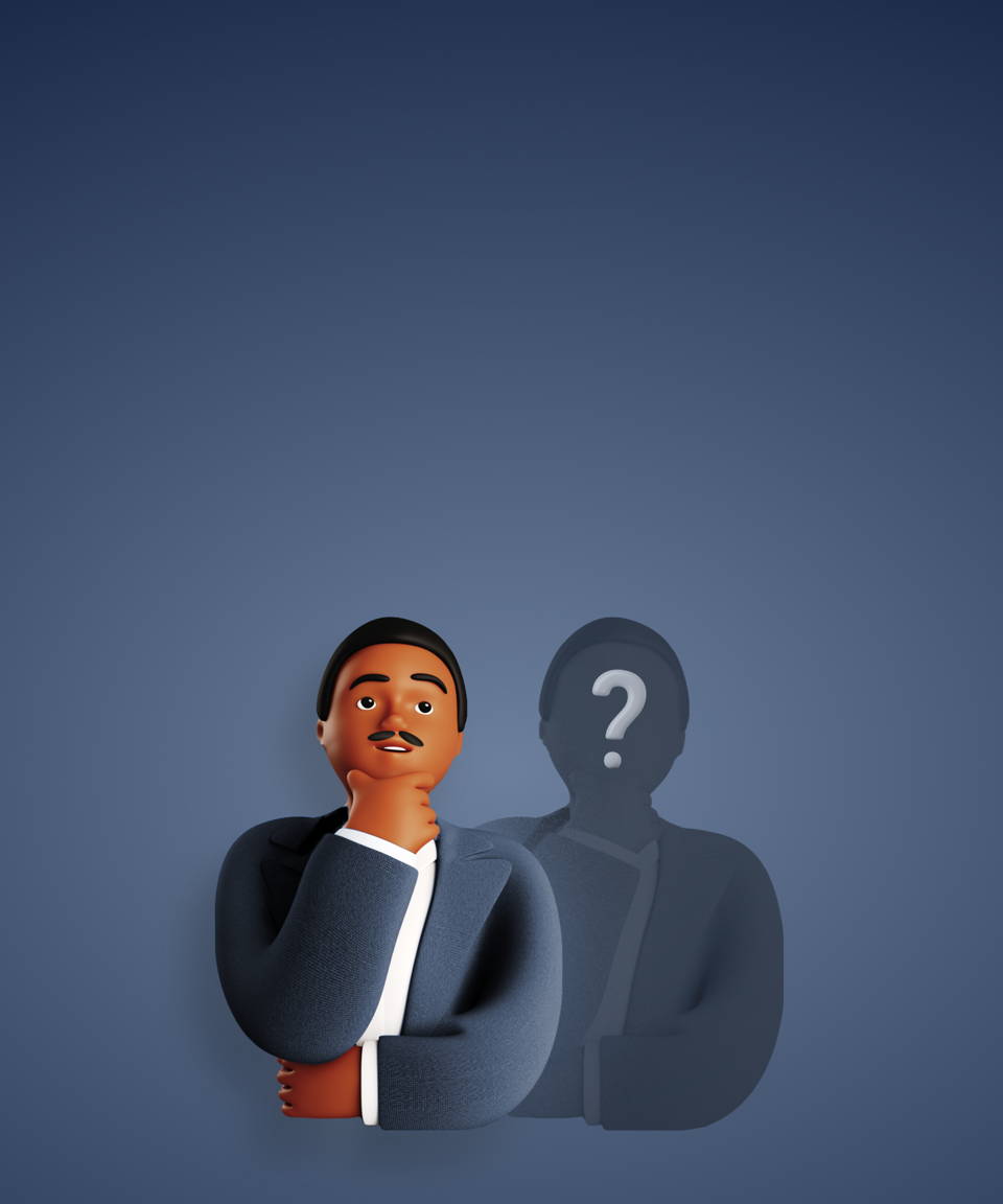 A 3D cartoon depiction of MLK backed by a shadow with a question mark for Confetti's Virtual The MLK You Didn't Know