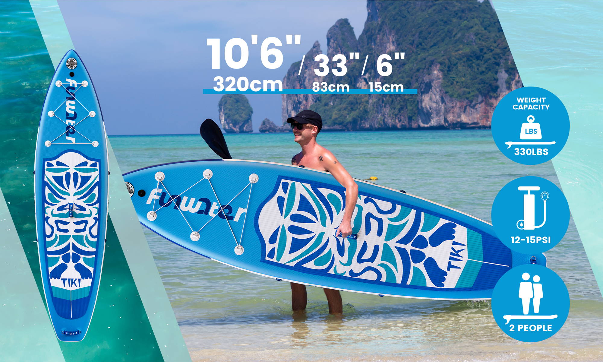 The parameters of the Funwater TIKI inflatable stand up paddle board is 10'6''/32''/6''