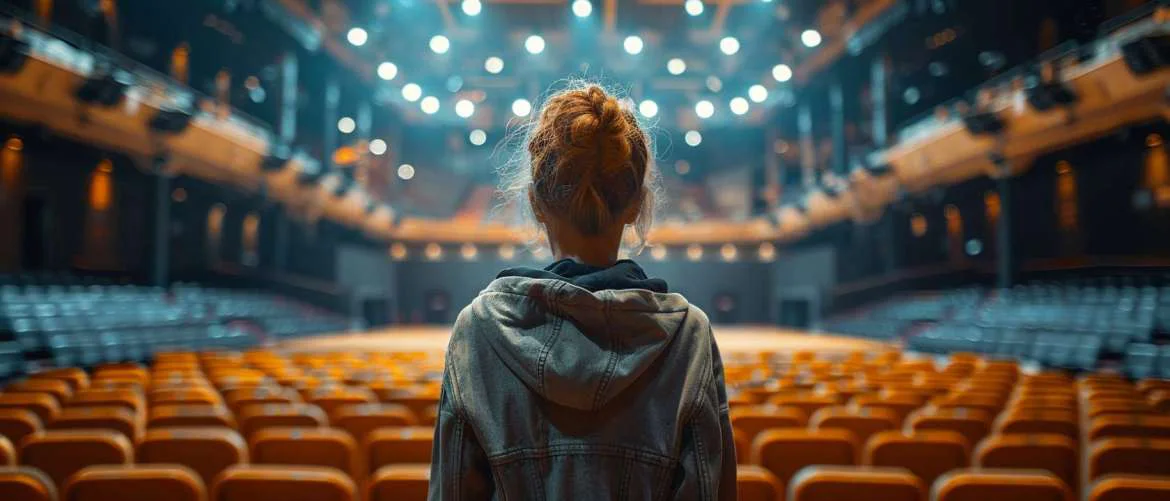 Determined audiologist contemplating their impact in an empty concert arena