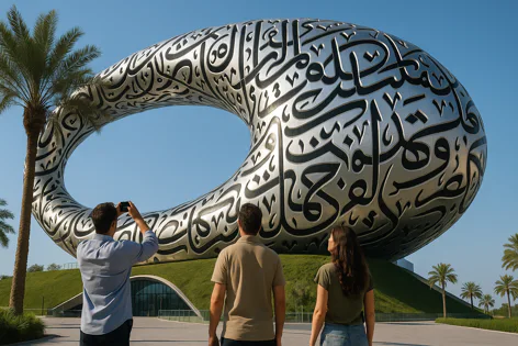 Tourists admire the Museum of the Future in Dubai, a unique silver building covered in Arabic calligraphy, surrounded by palm trees against a bright blue sky.