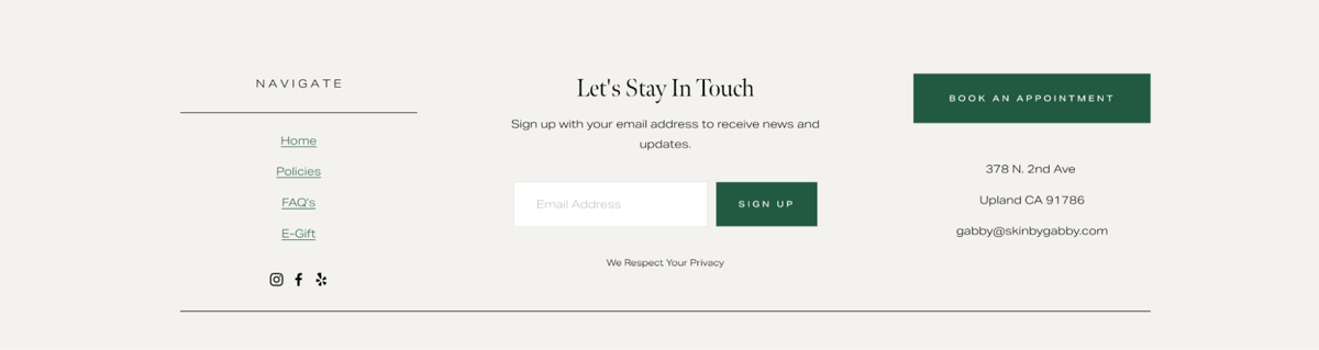 Screenshot of SKIN BY GABBY , from the website footer designs collection.