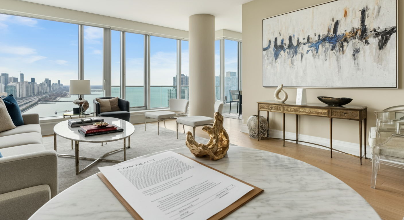 A sophisticated living room in a Gold Coast luxury condominium with floor-to-ceiling windows overlooking Lake Michigan. The space features elegant furnishings, hardwood floors, and contemporary artwork. Natural light streams in, highlighting the premium finishes and architectural details that characterize Chicago's upscale properties. A contract with highlighted contingency clauses rests on a marble coffee table.