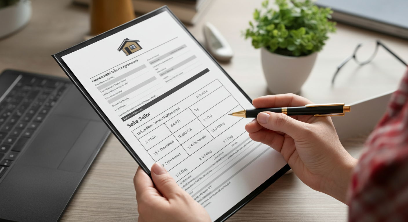 A seller reviewing a customized real estate service agreement that unbundles traditional services, allowing them to pay only for what they need. The document shows potential savings compared to standard full-service commission structures.
