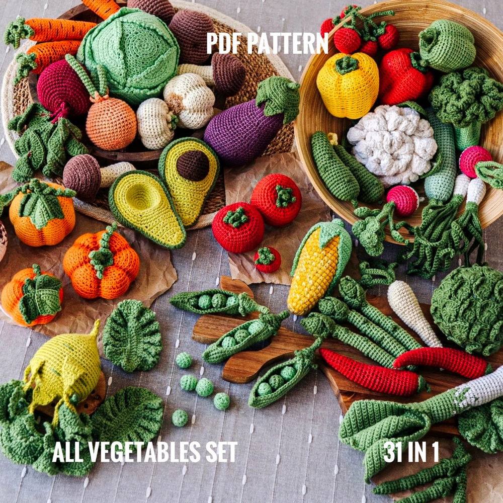 ALL VEGETABLES crochet patterns PDF - Amigurumi Food Crochet Food Pattern Market Bag Vegetables Pretend Play Patterns Farmers Market Crochet