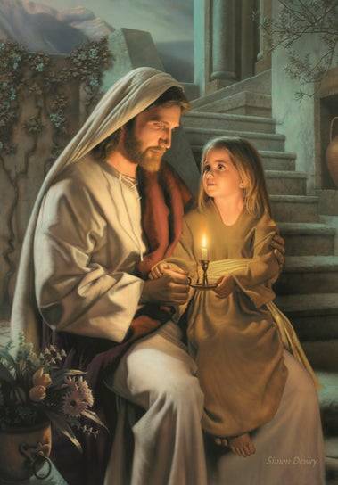 Jesus sitting with a little girl. Both are holding on to a candle.
