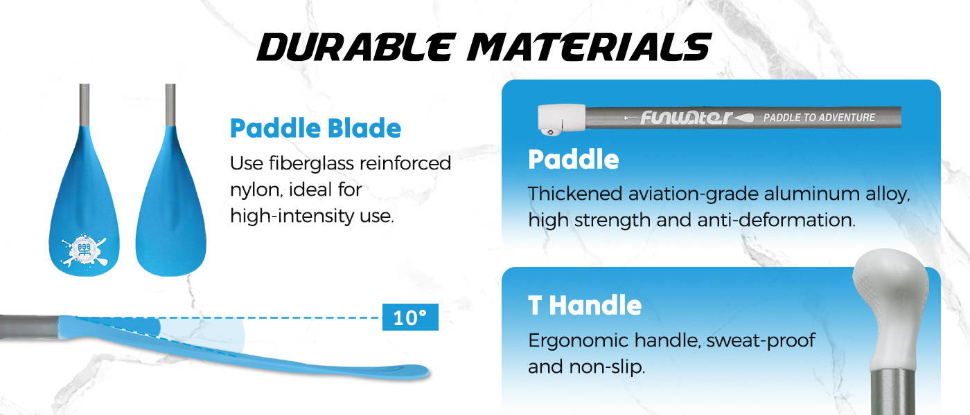 Inflatable paddle board paddle blade use fiberglass reinforced nylon, paddle have high strength and anti-deformation, Ergonomic handle