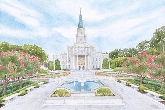 Watercolor painting of the Houston Temple behind a flowing fountain.