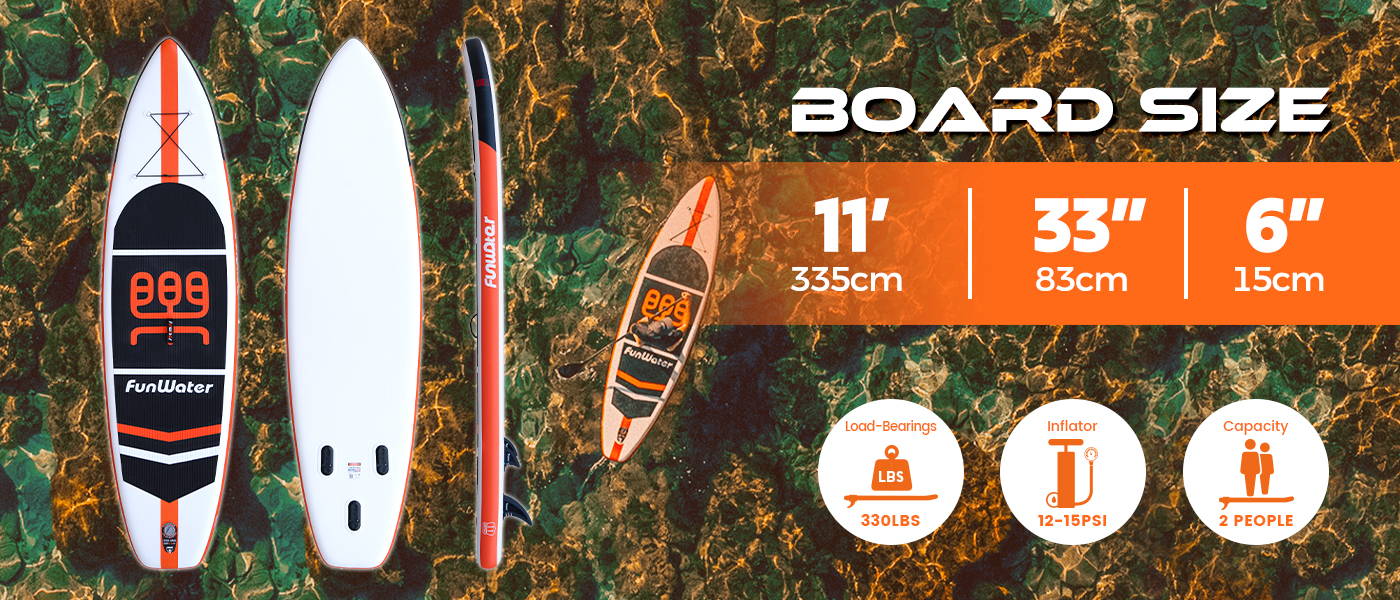 CRUISE stand up paddle boards Canada are 11', load-bearings are 330LBS, support inflator 12-15PSI, capacity support 2 peoples together