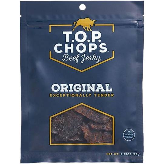 TOP Chops Original flavored premium beef jerky.
