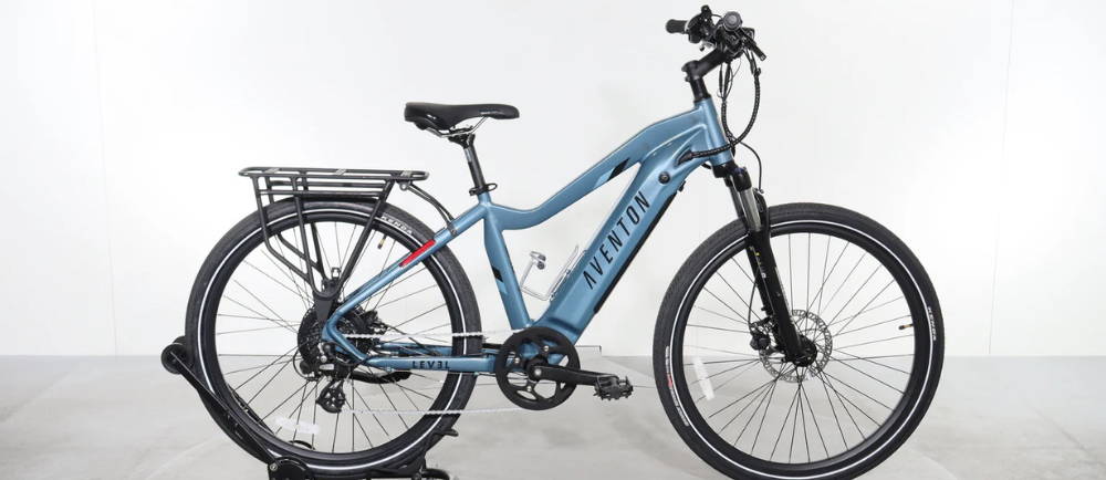 a blue Aventon Level electric city bike