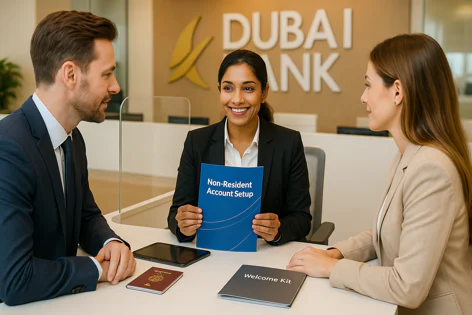 Bank staff assist a man and woman with setting up a non-resident account, holding a folder and showing documents. Passports on table.