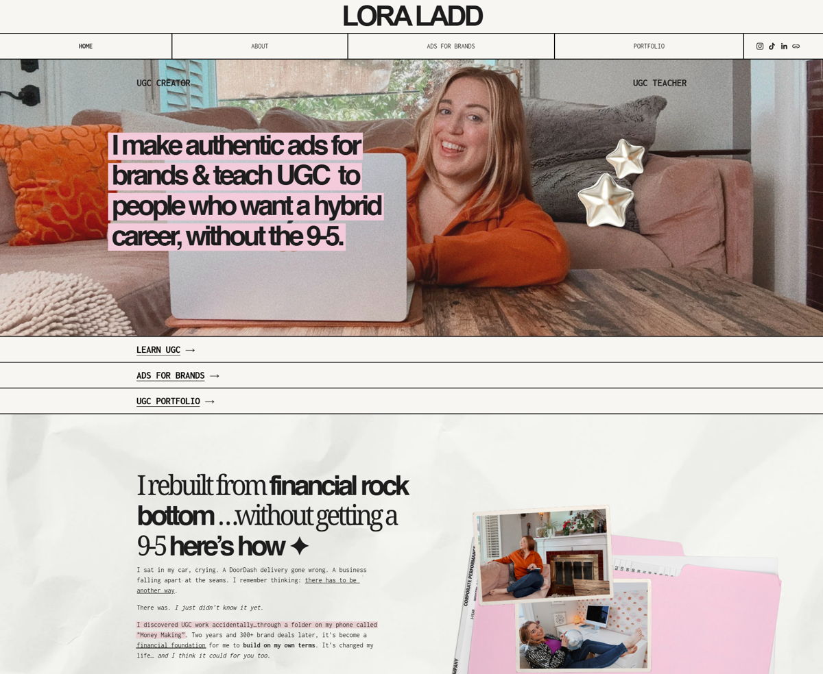 Screenshot of lora ladd, from the ugc portfolio examples collection.