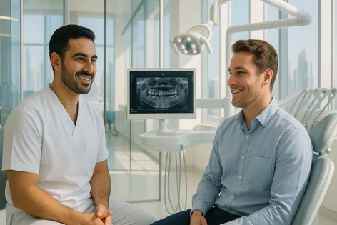 Dentist in white scrub talks to a smiling patient in a modern dental office. A panoramic X-ray is on the screen. City skyline visible.