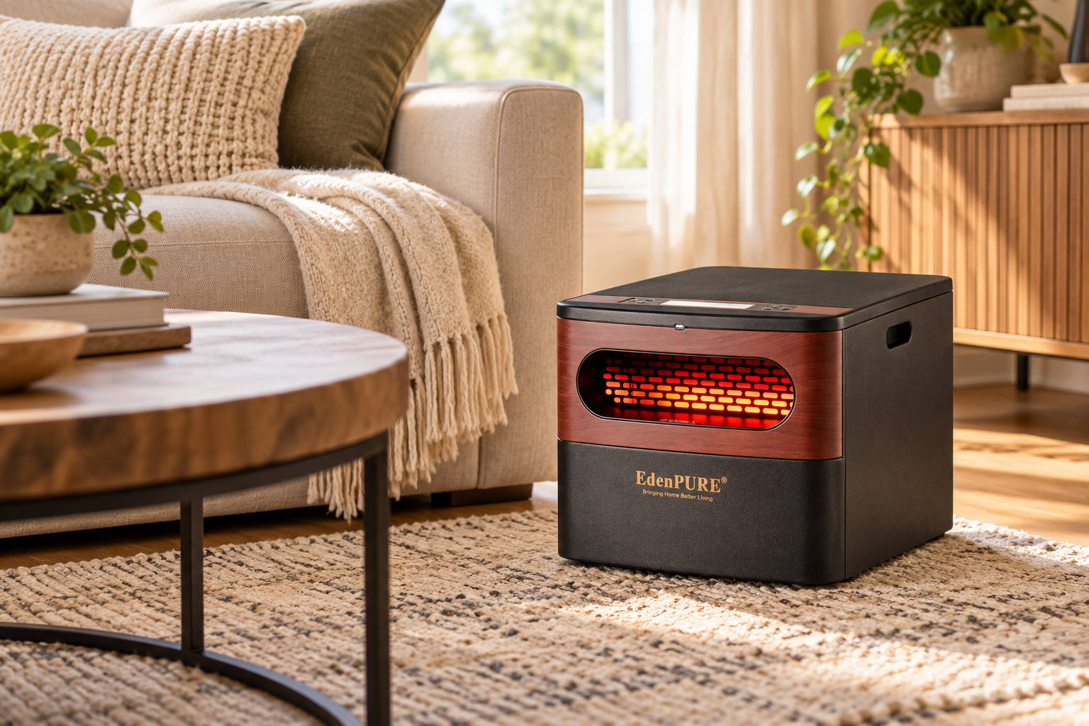 EdenPURE GEN2 infrared space heater providing supplemental warmth in a bright living room