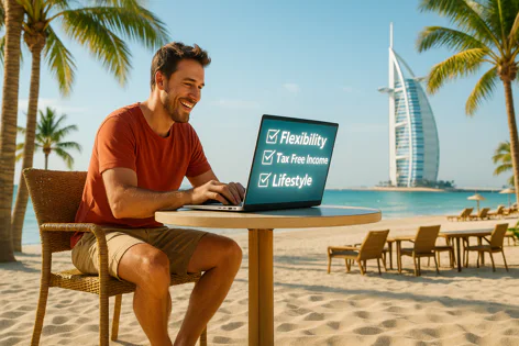 Smiling man works on laptop on a Dubai beach with Burj Al Arab in background. Screen shows 'Flexibility', 'Tax Free Income', 'Lifestyle' checklist.