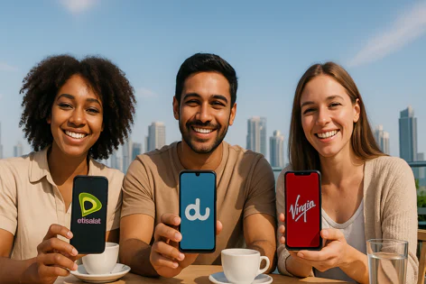 Three diverse friends smiling and holding up smartphones displaying the logos for Etisalat, Du, and Virgin Mobile with a Dubai skyline in the background on a sunny day.