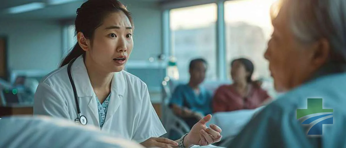 Travel nurse explaining medical terms in a heartfelt bedside conversation.
